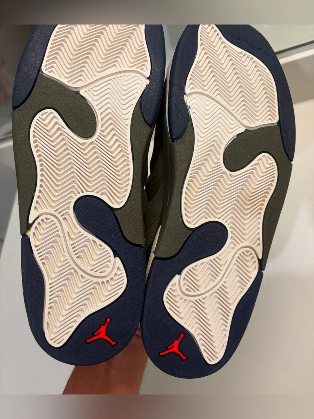 Jordan Low Top Sneakers in Olive Green & Navy with Red Jumpman